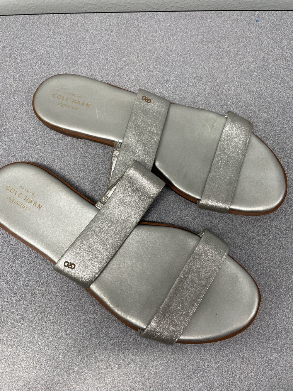 Cole Haan Metallic Silver Double-Band Slide Sandals Sz 11